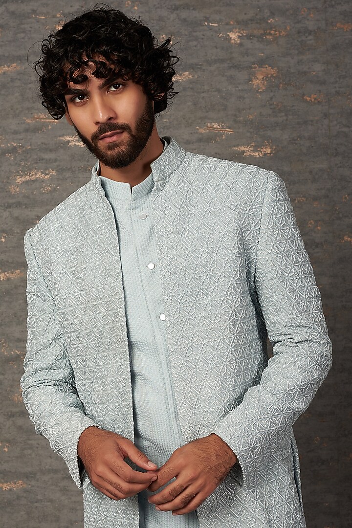Aqua Blue Silk Embroidered Indo Western Set by Qbik Men at Pernia's Pop Up Shop