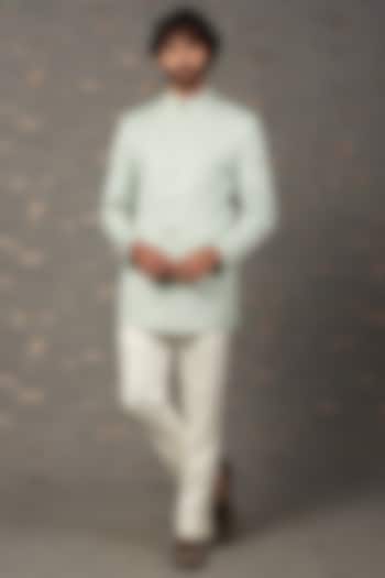 Powder Blue Jacquard Bandhgala Set by Qbik Men
