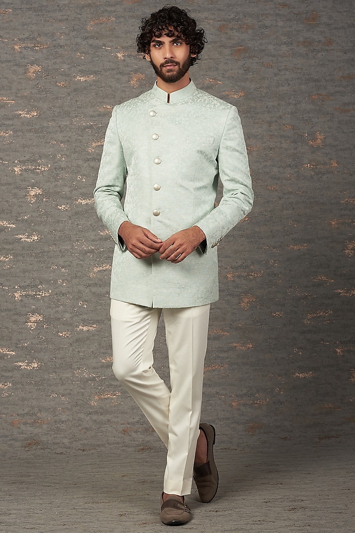 Powder Blue Jacquard Bandhgala Set by Qbik Men
