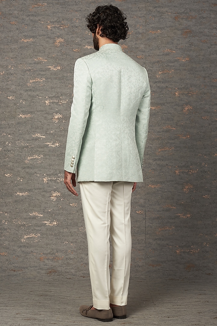 Powder Blue Jacquard Wedding Bandhgala Set by Qbik Men at Pernia's Pop Up Shop