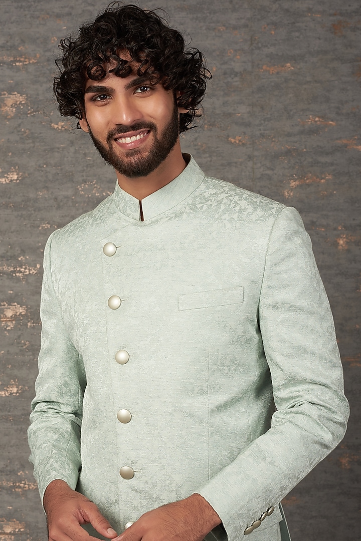 Powder Blue Jacquard Wedding Bandhgala Set by Qbik Men at Pernia's Pop Up Shop