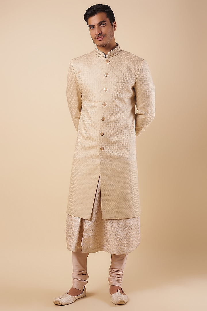 Ivory Silk Embroidered Sherwani Set by Qbik Men