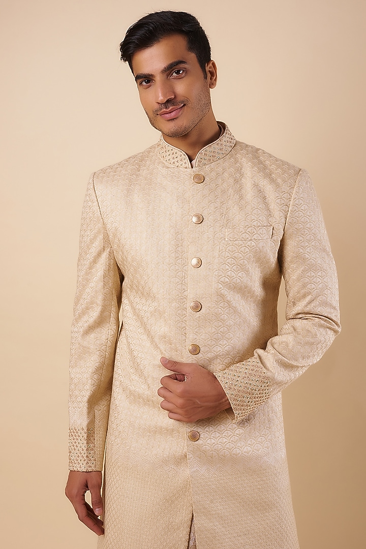 Ivory Silk Embroidered Groom Sherwani Set by Qbik Men at Pernia's Pop Up Shop