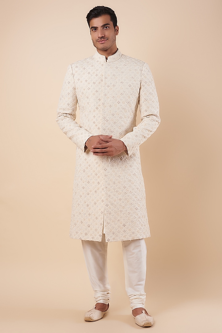 Cream Silk Beads & Cutdana Embellished Groom Sherwani Set by Qbik Men at Pernia's Pop Up Shop