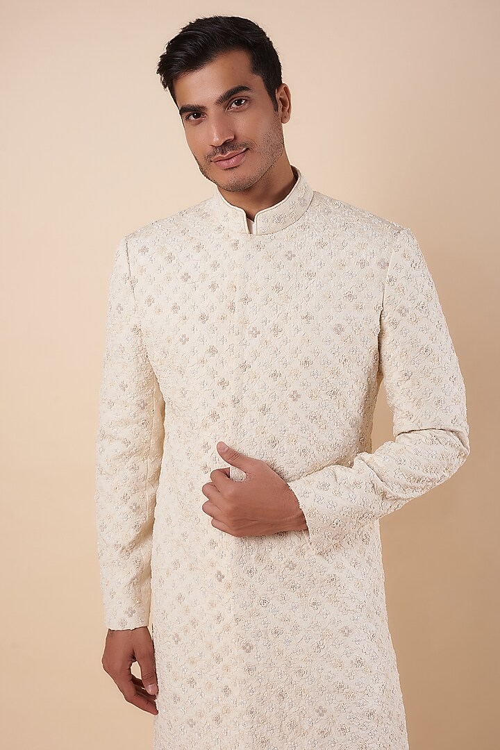 Cream Silk Beads & Cutdana Embellished Groom Sherwani Set by Qbik Men at Pernia's Pop Up Shop