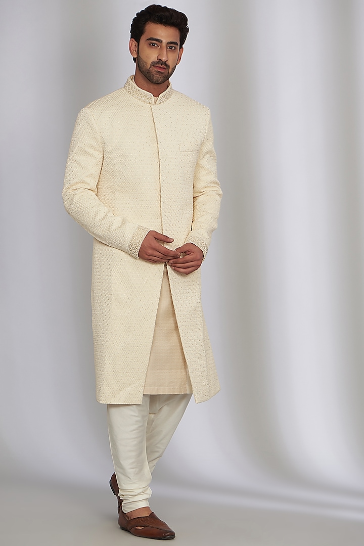 Cream Silk Viscose Blend Embroidered Sherwani Set by Qbik Men