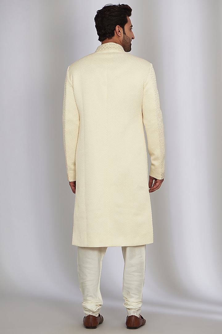 Cream Silk Viscose Blend Embroidered Groom Sherwani Set by Qbik Men at Pernia's Pop Up Shop