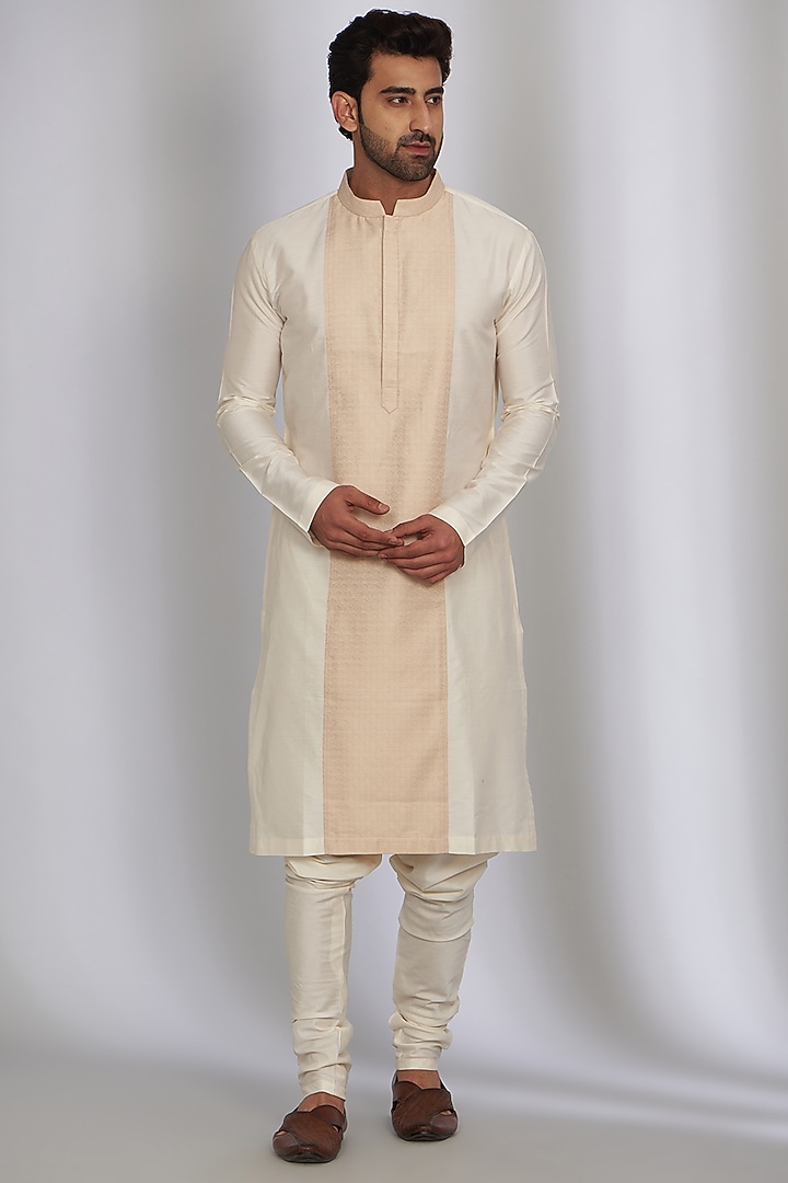 Cream Silk Viscose Blend Embroidered Groom Sherwani Set by Qbik Men at Pernia's Pop Up Shop