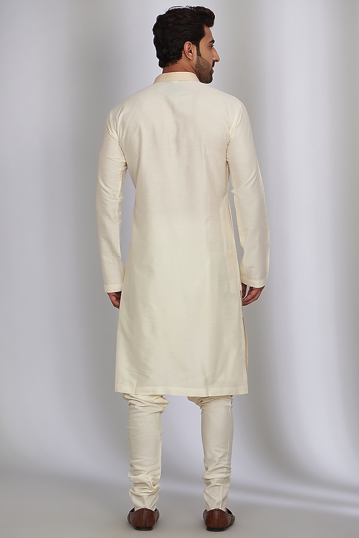 Cream Silk Viscose Blend Embroidered Groom Sherwani Set by Qbik Men at Pernia's Pop Up Shop
