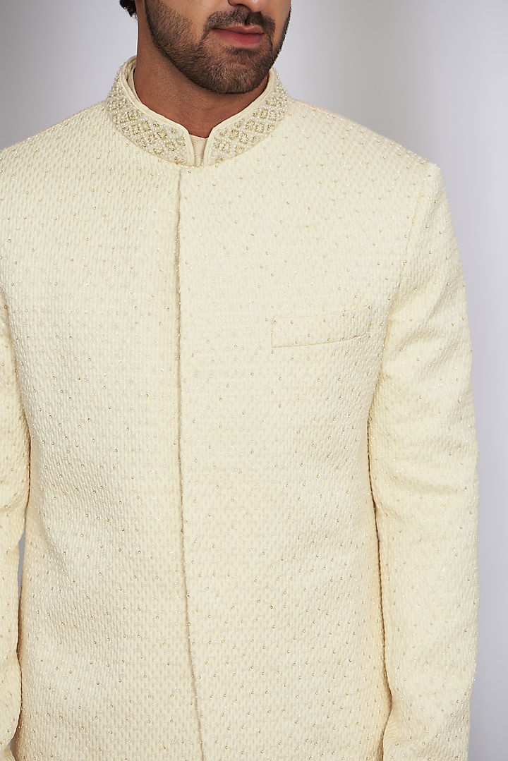 Cream Silk Viscose Blend Embroidered Groom Sherwani Set by Qbik Men at Pernia's Pop Up Shop