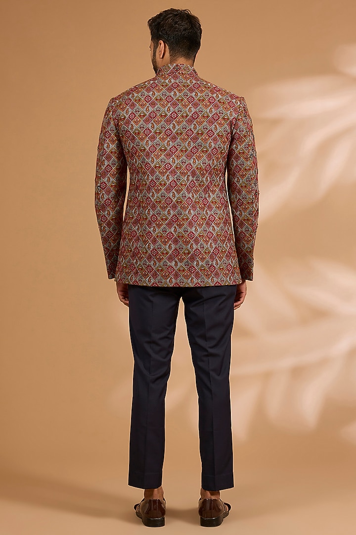 Navy Blue Silk & Wool Blend Groom Bandhgala Set by Qbik Men at Pernia's Pop Up Shop