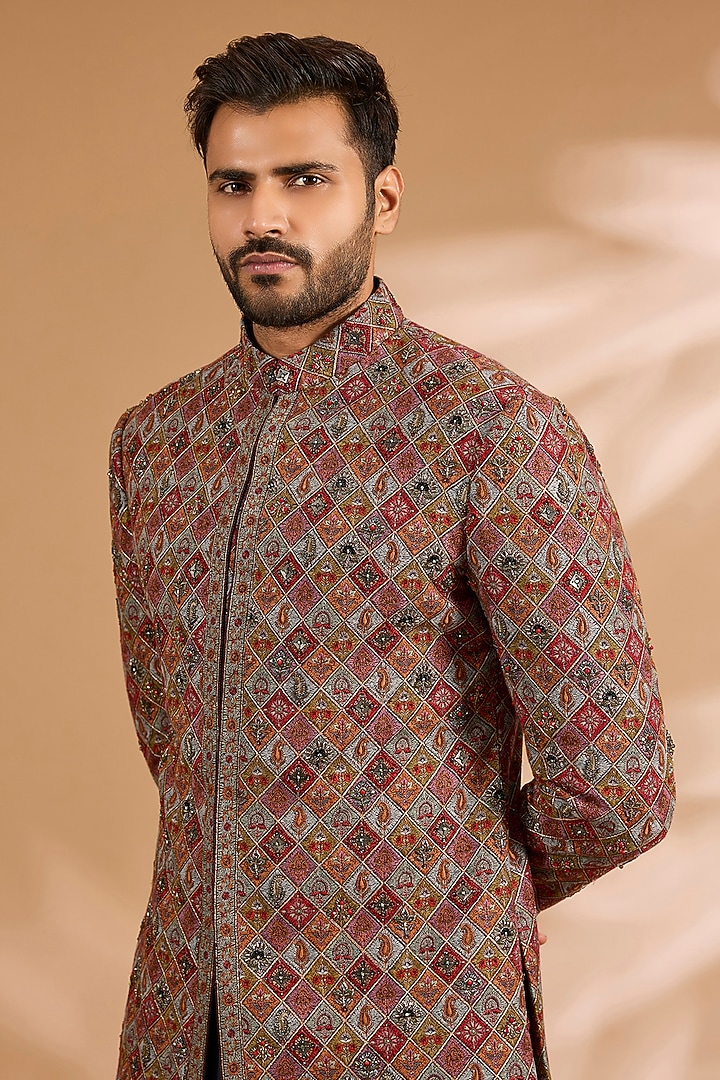 Navy Blue Silk & Wool Blend Groom Bandhgala Set by Qbik Men at Pernia's Pop Up Shop