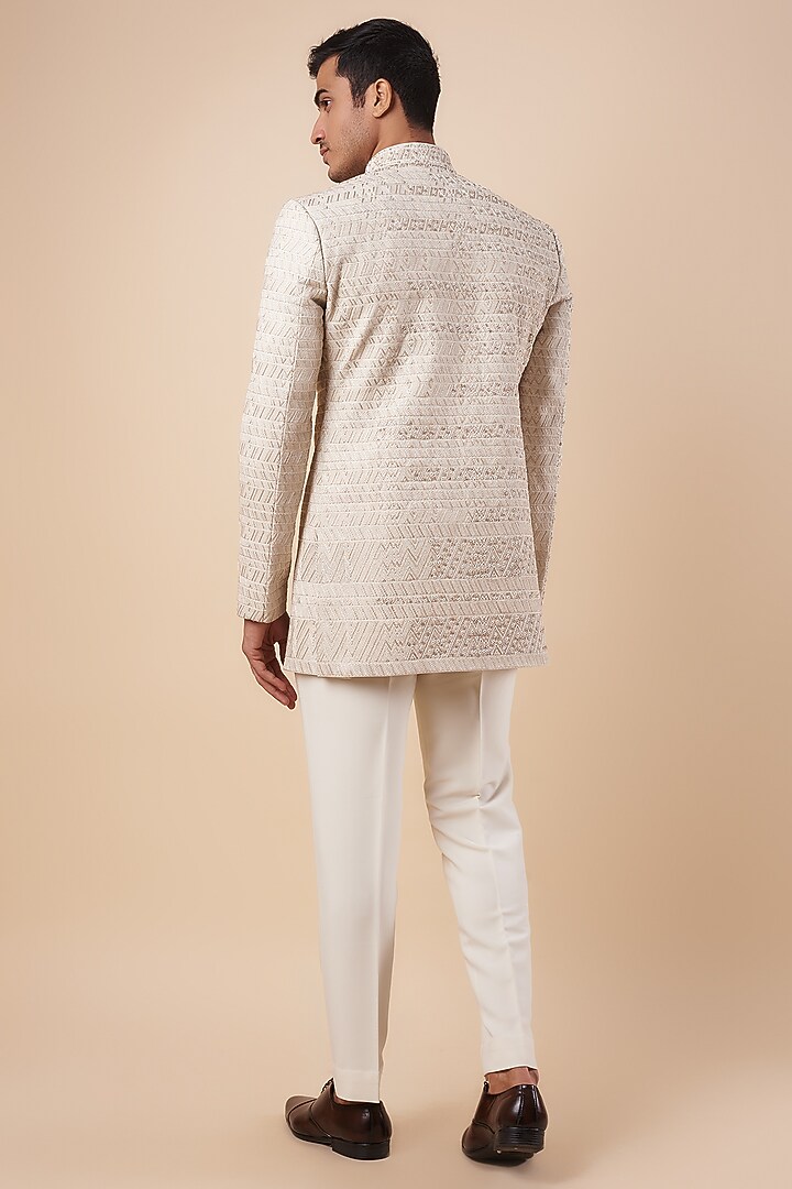 Ivory Silk Thread & Sequins Embroidered Groom Bandhgala Set by Qbik Men at Pernia's Pop Up Shop