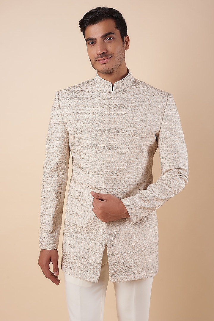 Ivory Silk Thread & Sequins Embroidered Groom Bandhgala Set by Qbik Men at Pernia's Pop Up Shop