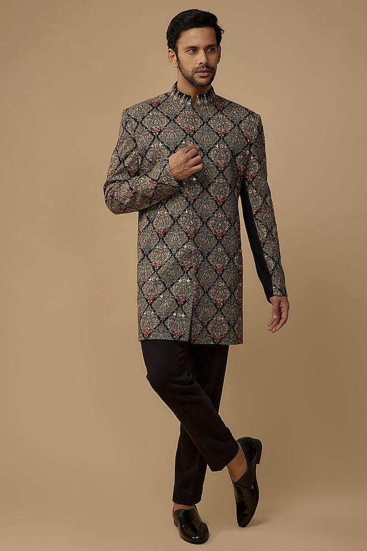 Black Silk & Wool Blend Sequins Embroidered Indowestern Set by Qbik Men
