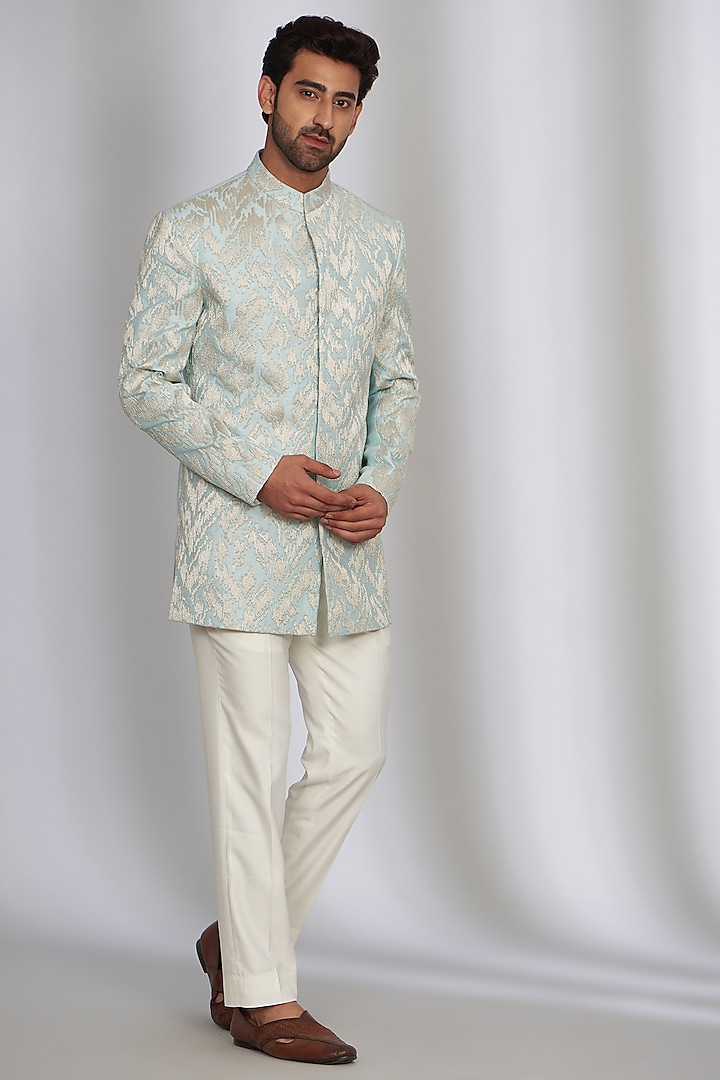 Aqua Blue Silk Silver Embroidered Bandhgala Set by Qbik Men at Pernia's Pop Up Shop