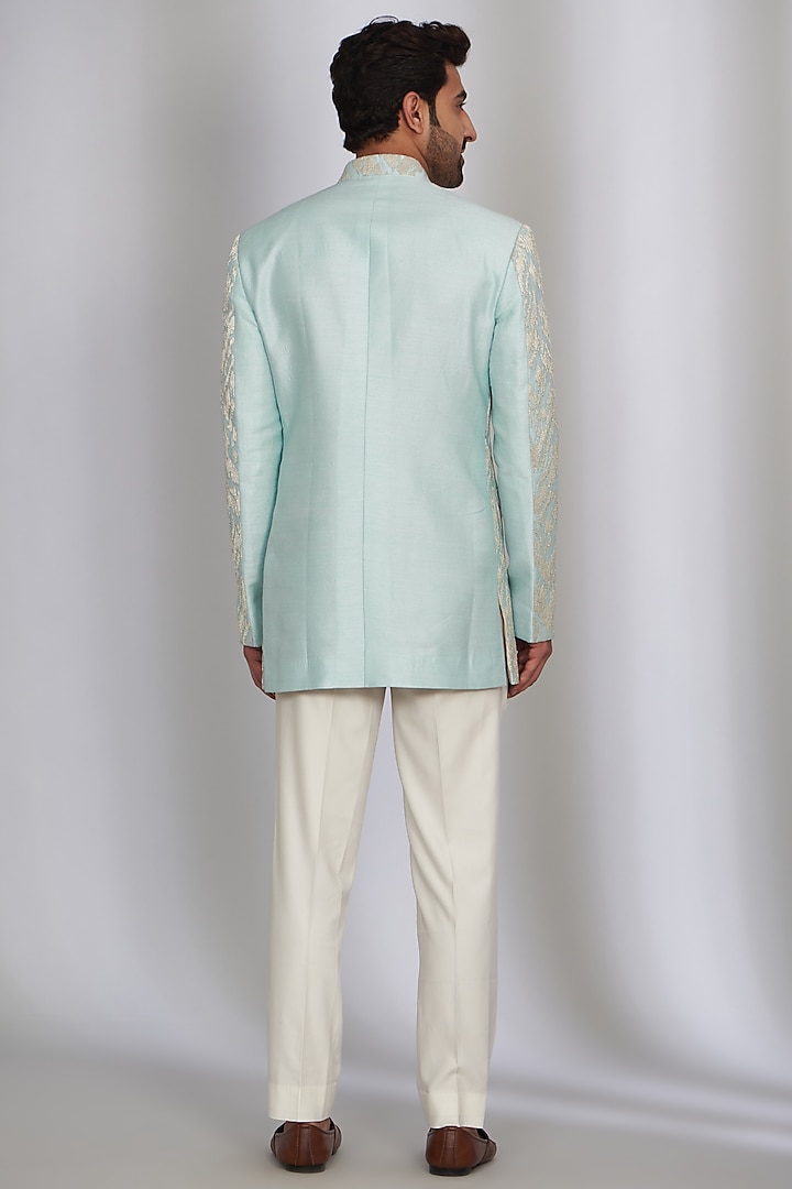 Aqua Blue Silk Silver Embroidered Wedding Bandhgala Set by Qbik Men at Pernia's Pop Up Shop