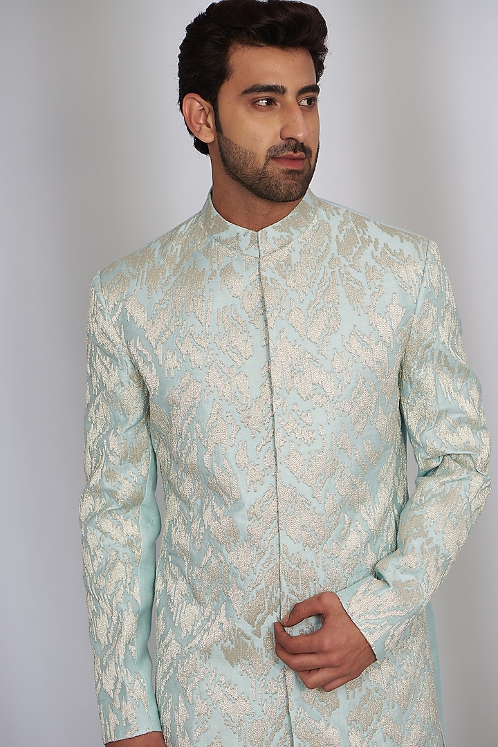 Aqua Blue Silk Silver Embroidered Wedding Bandhgala Set by Qbik Men at Pernia's Pop Up Shop