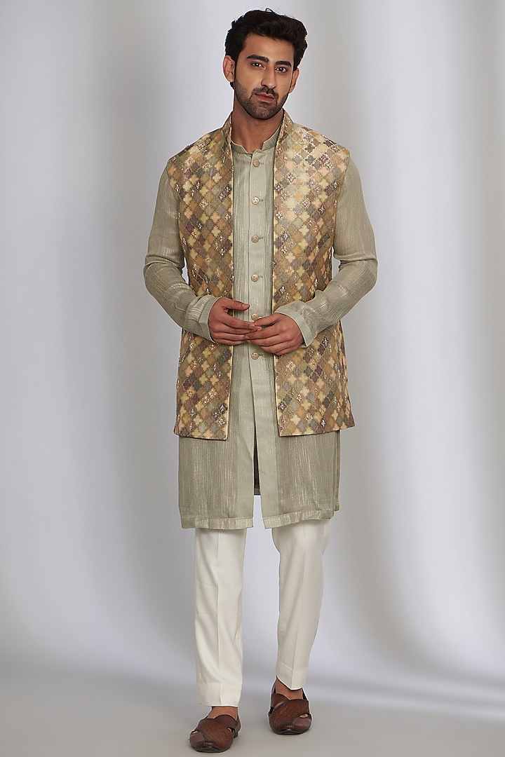 Multi-Colored Chanderi & Silk Brocade Embroidered Bundi Jacket set by Qbik Men