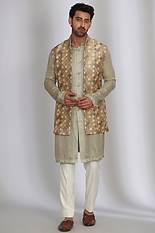 Multi-Colored Chanderi & Silk Brocade Embroidered Bundi Jacket set by Qbik Men-POPULAR PRODUCTS AT STORE