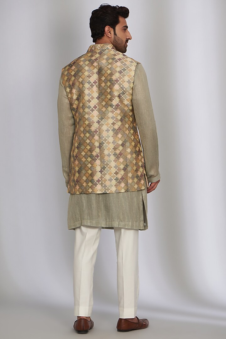 Multi-Colored Chanderi & Silk Brocade Embroidered Bundi Jacket set by Qbik Men at Pernia's Pop Up Shop