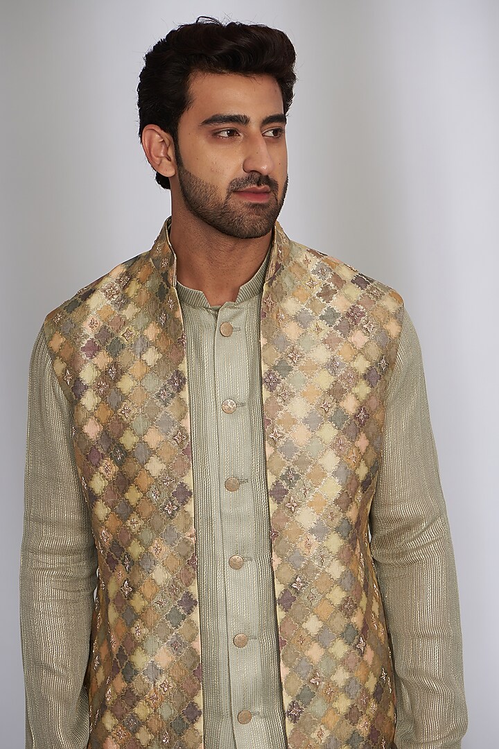 Multi-Colored Chanderi & Silk Brocade Embroidered Bundi Jacket set by Qbik Men at Pernia's Pop Up Shop