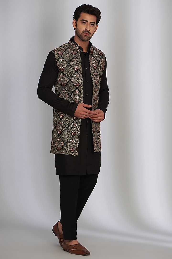 Black Silk & Wool Embroidered Bundi Jacket Set by Qbik Men