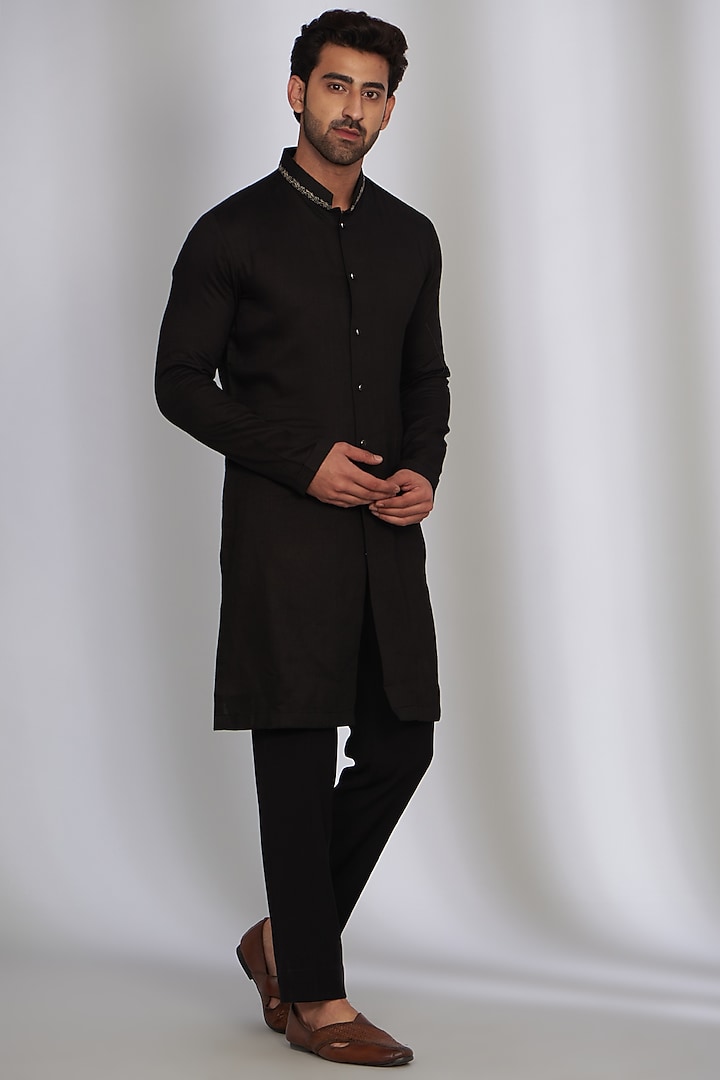 Black Silk & Wool Embroidered Bundi Jacket Set by Qbik Men at Pernia's Pop Up Shop