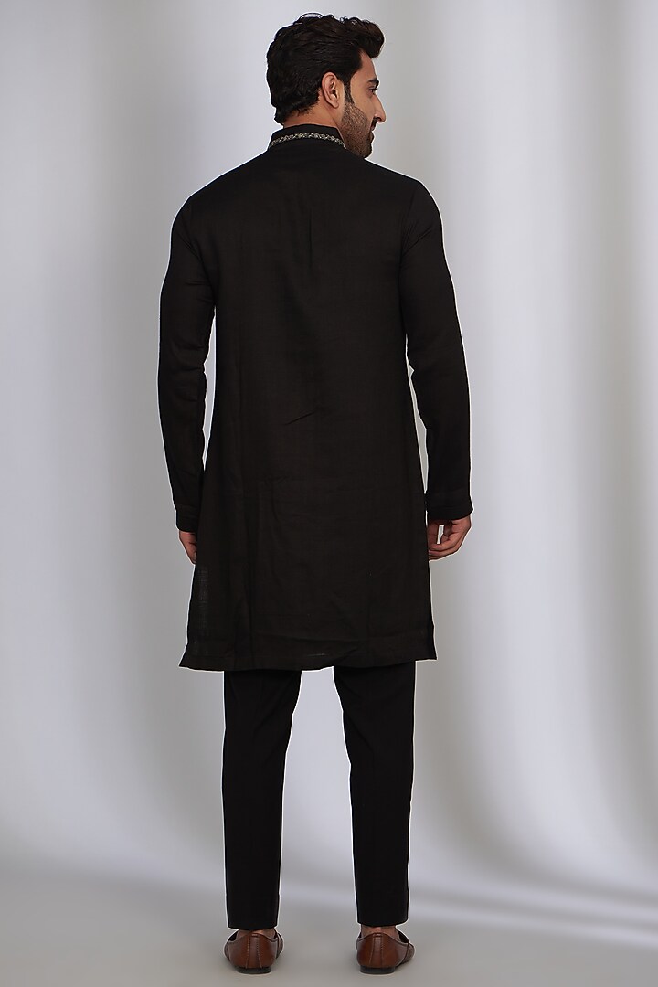 Black Silk & Wool Embroidered Bundi Jacket Set by Qbik Men at Pernia's Pop Up Shop