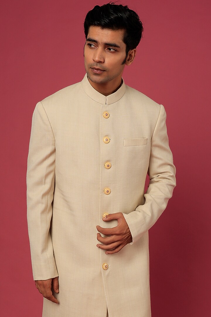 Beige Pashmina Wedding Sherwani Set by Qbik Men at Pernia's Pop Up Shop