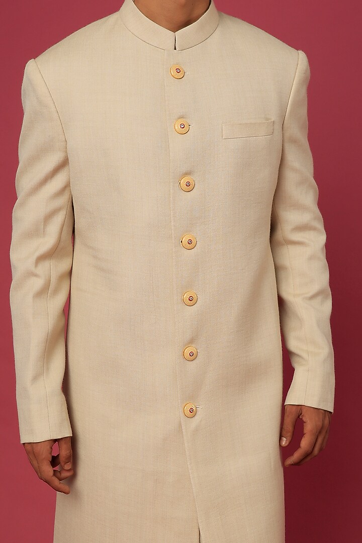 Beige Pashmina Wedding Sherwani Set by Qbik Men at Pernia's Pop Up Shop