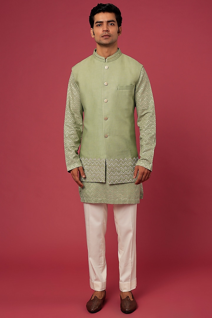 Green Silk Bundi Jacket With Kurta Set by Qbik Men