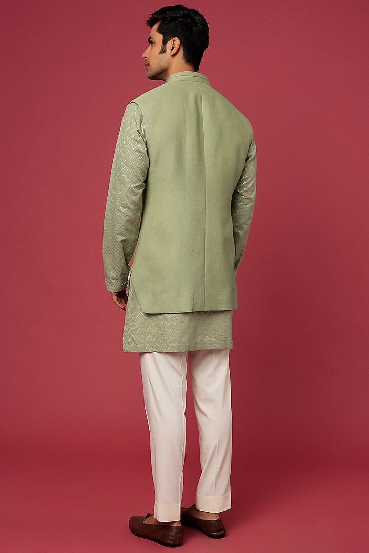Green Silk Bundi Jacket With Kurta Set by Qbik Men at Pernia's Pop Up Shop