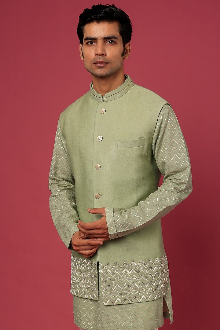 Green Silk Bundi Jacket With Kurta Set by Qbik Men at Pernia's Pop Up Shop
