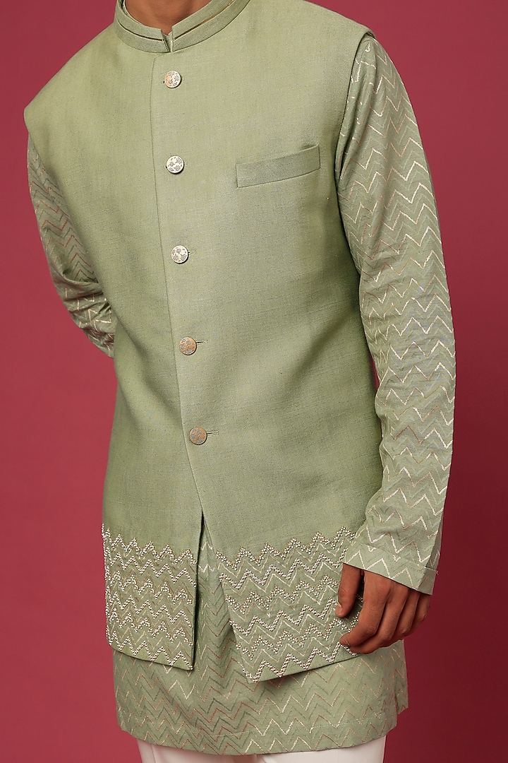Green Silk Bundi Jacket With Kurta Set by Qbik Men at Pernia's Pop Up Shop