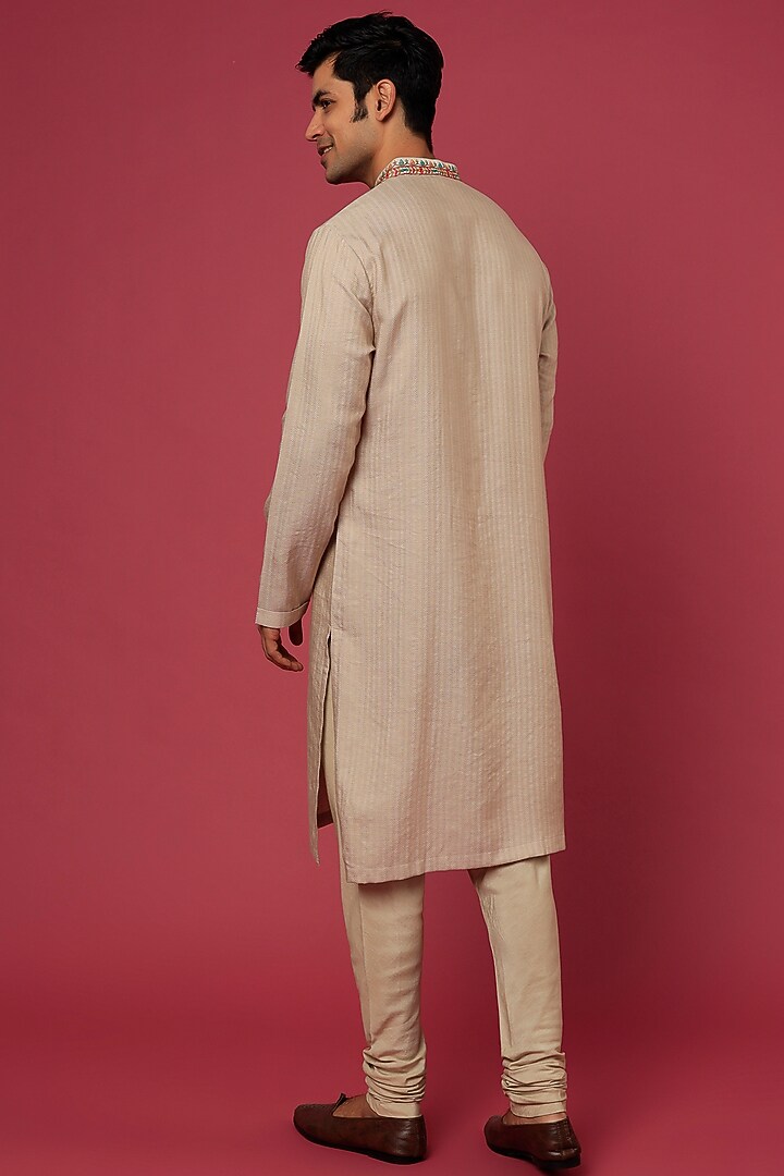 Beige Matka Cotton Kashmiri Patch Work Kurta Set by Qbik Men at Pernia's Pop Up Shop