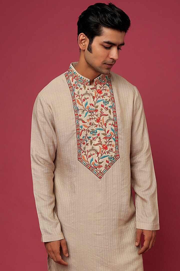 Beige Matka Cotton Kashmiri Patch Work Kurta Set by Qbik Men at Pernia's Pop Up Shop