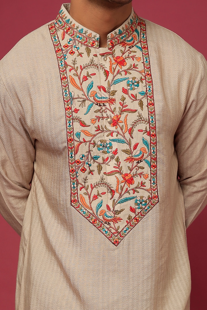 Beige Matka Cotton Kashmiri Patch Work Kurta Set by Qbik Men at Pernia's Pop Up Shop