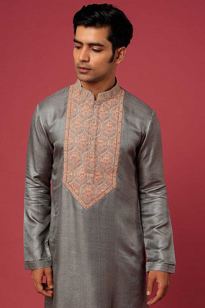 Grey Matka Cotton Kurta Set by Qbik Men at Pernia's Pop Up Shop