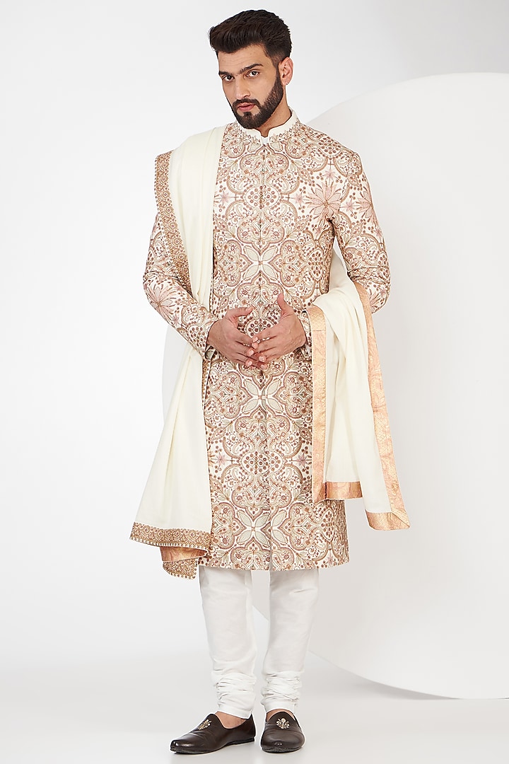 Ivory Pashmina Silk Kashmiri Embroidered Sherwani Set by Qbik Men