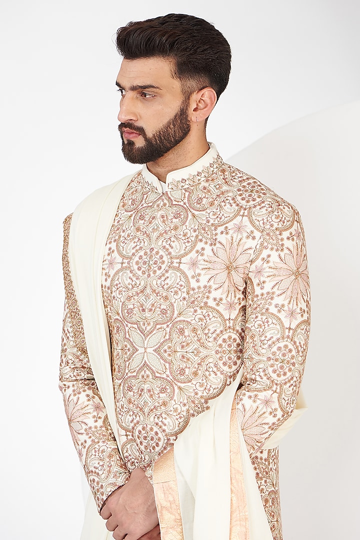 Ivory Pashmina Silk Kashmiri Embroidered Groom Sherwani Set by Qbik Men at Pernia's Pop Up Shop
