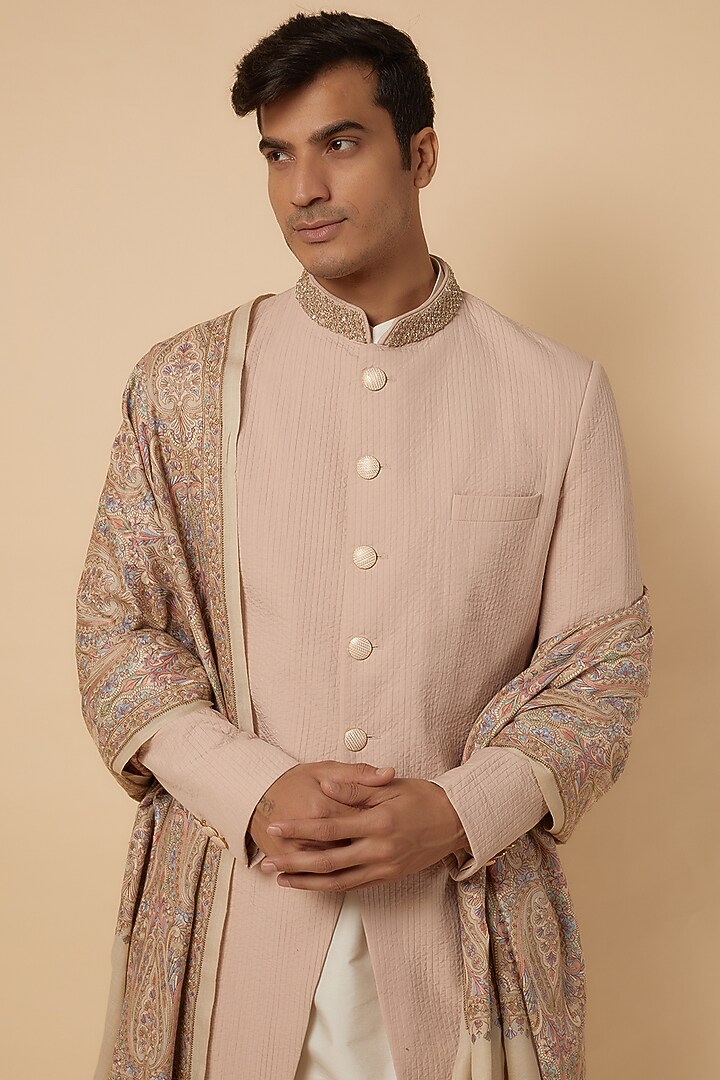Onion Pink Cotton Viscose Jaal Embroidered Groom Sherwani Set by Qbik Men at Pernia's Pop Up Shop