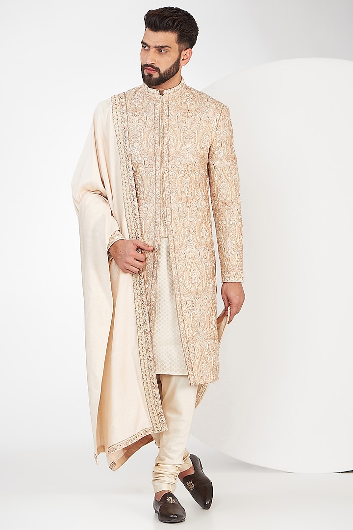 Ivory Pashmina Silk Kashmiri & Motifs Embroidered Sherwani Set by Qbik Men