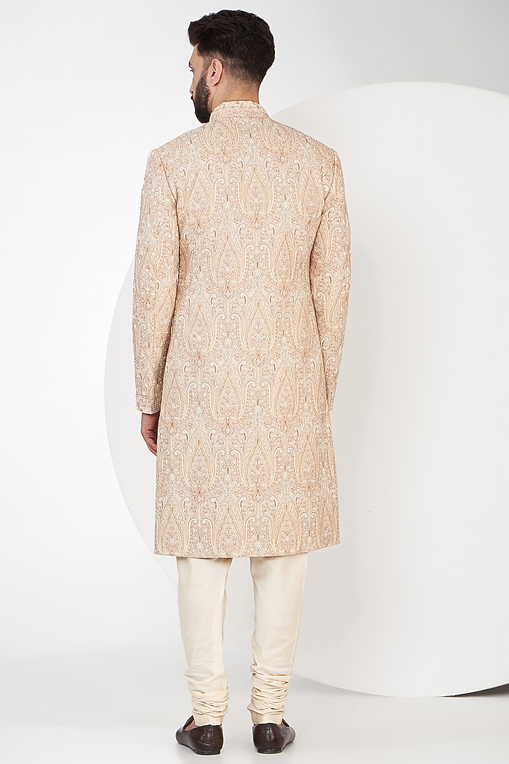 Ivory Pashmina Silk Kashmiri & Motifs Embroidered Groom Sherwani Set by Qbik Men at Pernia's Pop Up Shop