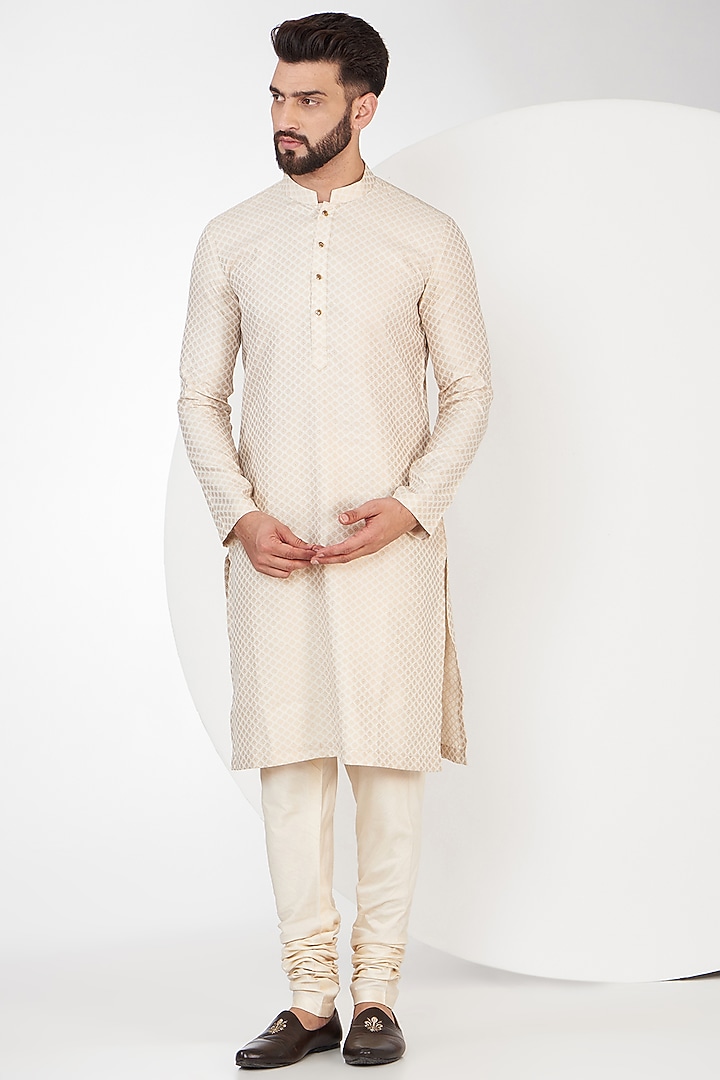 Ivory Pashmina Silk Kashmiri & Motifs Embroidered Groom Sherwani Set by Qbik Men at Pernia's Pop Up Shop
