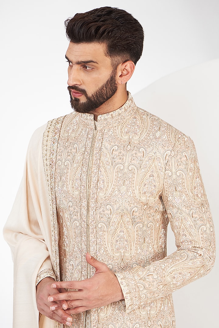 Ivory Pashmina Silk Kashmiri & Motifs Embroidered Groom Sherwani Set by Qbik Men at Pernia's Pop Up Shop