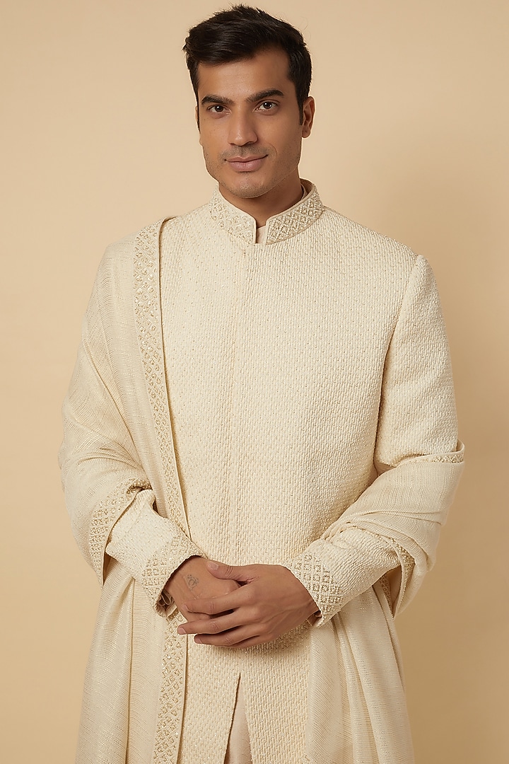 Cream Jacquard Hand Embroidered Groom Sherwani Set by Qbik Men at Pernia's Pop Up Shop