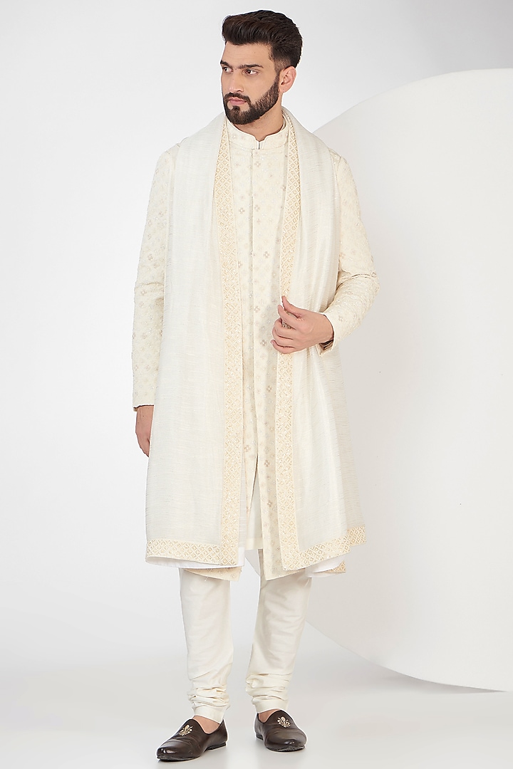 Cream Lucknowi Georgette & Cotton Silk Hand Embellished Sherwani Set by Qbik Men