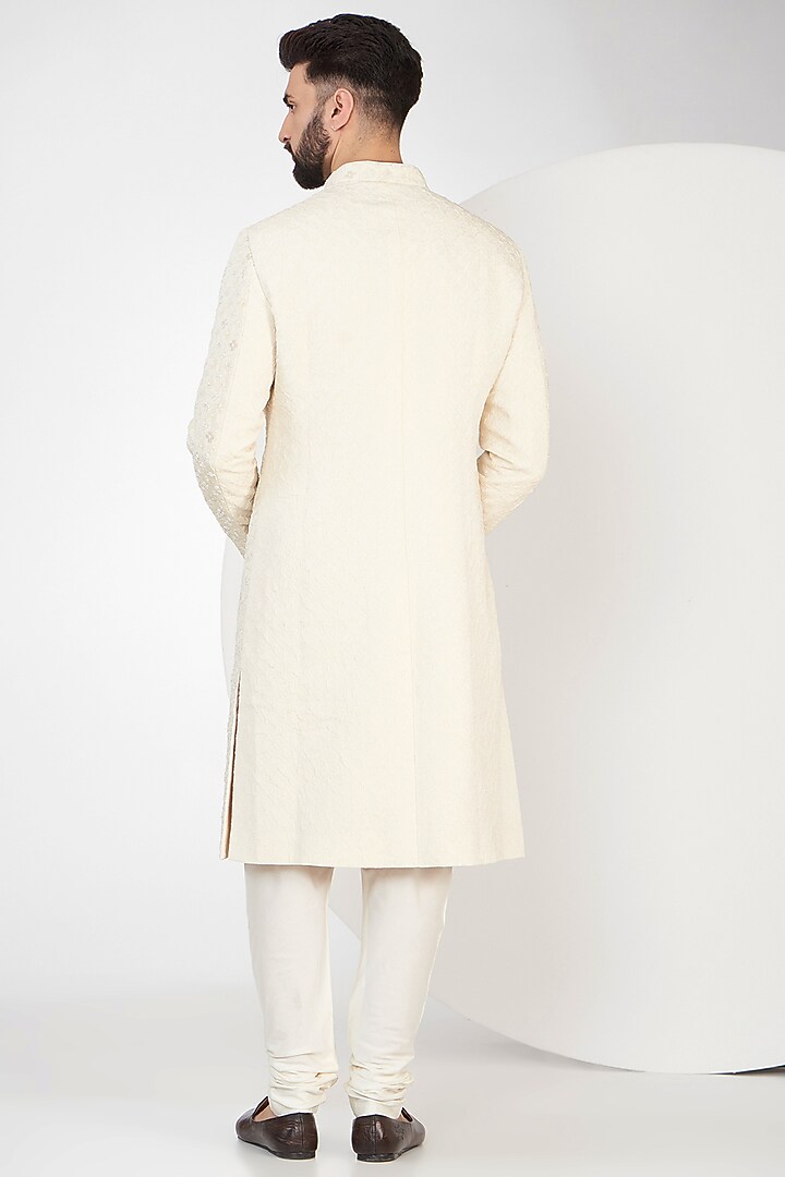 Cream Lucknowi Georgette & Cotton Silk Hand Embellished Groom Sherwani Set by Qbik Men at Pernia's Pop Up Shop