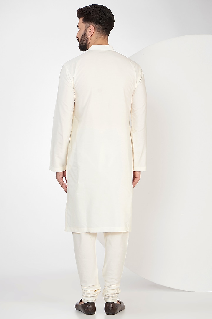 Cream Lucknowi Georgette & Cotton Silk Hand Embellished Groom Sherwani Set by Qbik Men at Pernia's Pop Up Shop